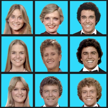 'The Brady Bunch Variety Hour' (l top to r bottom:) Maureen McCormick, Florence Henderson, Barry Williams, Geri Reischl, Ann B. Davis, Christopher Knight, Susan Olsen, Robert Reed and Mike Lookinland.
