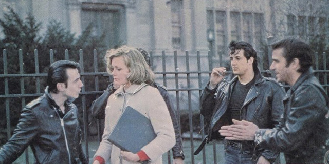 The Lords of Flatbush with (l to r) Paul Mace, Susan Blakely, Perry King (obstructed), Sylvester Stallone and Henry Winkler.