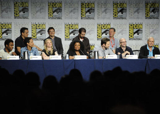COMIC-CON -- Pictured: (L-R Front Row) Donald Glover, Danny Pudi, Gillian Jacobs, Yvette Nicole Brown, Joel McHale, Jim Rash, Chevy Chase -- Photo by: Phil McCarten/NBC 