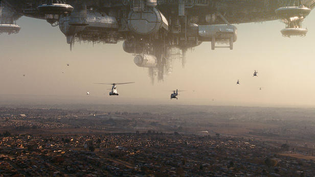 An incapacitated space ship hovers over Johannesburg in 'District 9.'