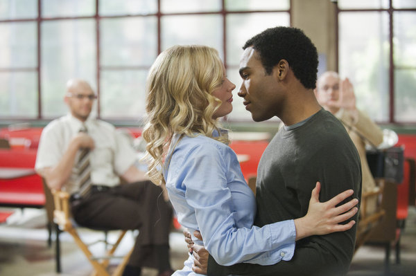 COMMUNITY -- "Documentary Filmmaking: Redux" Episode 308 -- Pictured: (l-r) Gillian Jacobs as Britta, Donald Glover as Troy -- Photo by: Lewis Jacobs/NBC 