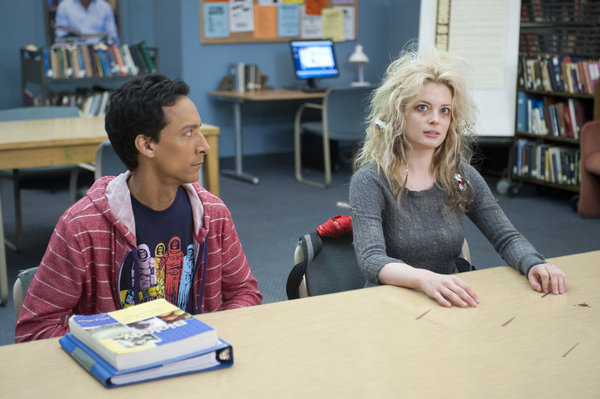 COMMUNITY -- "Curriculum Unavailable" Episode 319 -- Pictured: (l-r) Danny Pudi as Abed, Gillian Jacobs as Britta -- (Photo by: Lewis Jacobs/NBC) 