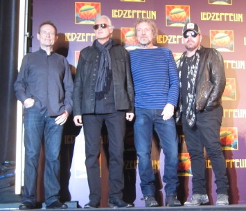 Led Zeppelin at the New York Museum of Modern Art press conference for the release of Celebration Day. (l to r: John Paul Jones, Jimmy Page, Robert Plant and Jason Bonham)