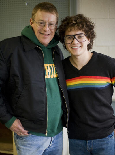 Real-life gay rights activist Cleve Jones (left) and his on-screen portrayer, actor Emile Hirsch (right), on the set of director Gus Van Sant's MILK, a Focus Features release.  Photo credit:  Phil Bray