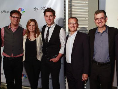 NBCUNIVERSAL EVENTS -- The Office Wrap Party -- Pictured: (l-r) Rainn Wilson, Jenna Fischer, John Krasinski, Howard Klein, Executive Producer; Greg Daniels, Executive Producer at "The Office" wrap party at Unici Casa in Los Angeles, CA on Saturday, March 16. The Office airs Thursdays on NBC (9-9:30 p.m. ET/PT) -- (Photo by: Trae Patton/NBC)