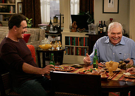 "Dad's Visit" -- Much to Audrey's dismay, Roy (Brian Dennehy, right), Jeff's (Patrick Warburton, left) chauvinist father extends his visit after spraining his ankle, on RULES OF ENGAGEMENT, Monday, March 23 (9:30-10:00 PM, ET/PT) on the CBS Television Network. Photo: Monty Brinton/CBS �2008 CBS Broadcasting Inc. All Rights Reserved.