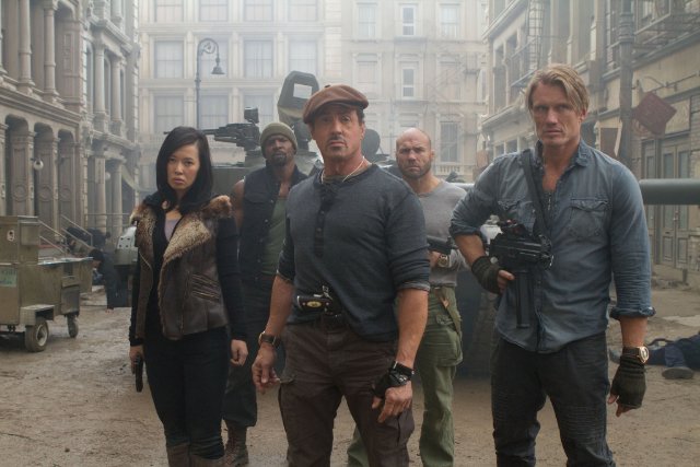 Nan Yu, Terry Crews, Sylvester Stallone, Randy Couture and Dolph Lundgren in THE EXPENDABLES 2