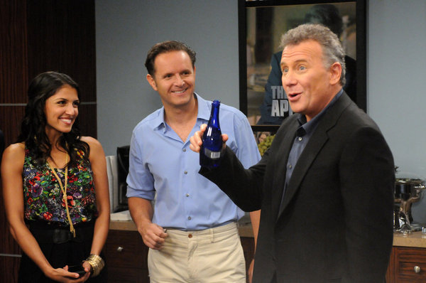 THE PAUL REISER SHOW -- "The Father's Occupation " Episode 104 -- Pictured: (l-r) Nazneen Contractor as Kuma D'Bu, Mark Burnett as Himself, Paul Reiser as Paul -- Photo by: Michael Yarish/NBC 