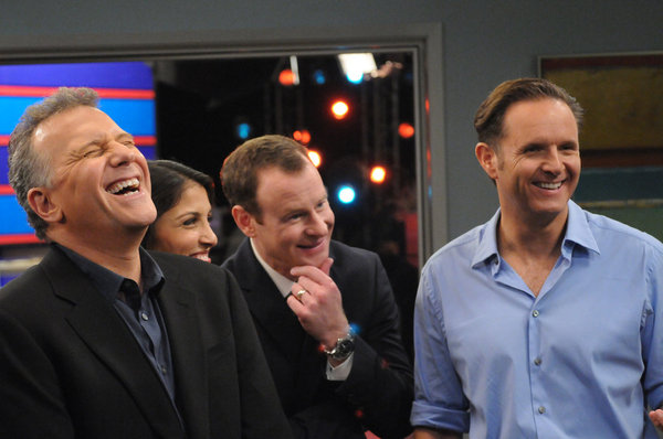 THE PAUL REISER SHOW -- "The Father's Occupation " Episode 104 -- Pictured: (l-r) Paul Reiser as Paul, Nazneen Contractor as Kuma D'Bu, Larry Dorf as Alex Gimple, Mark Burnett as Himself -- Photo by: Michael Yarish/NBC