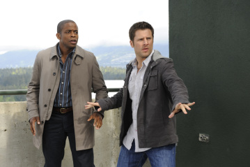 PSYCH -- "Extradition BC" Episode 4002 -- Pictured: (l-r) James Roday as Shawn Spencer, Dule Hill as Gus Guster -- USA Network Photo: Alan Zenuk 