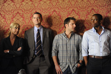 PSYCH -- "Bollywood Homicide" Episode 4004 -- Pictured: (l-r) Maggie Lawson as Juliet O'Hara, Timothy Omundson as Carlton Lassiter, James Roday as Shawn Spencer, Dule Hill as Gus Guster -- USA Network Photo: Alan Zenuk 